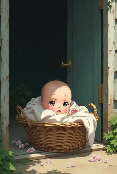 Abandoned anime baby in a basket in front of a house