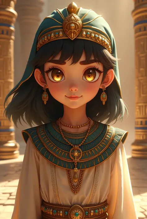 Create a male child between 8 and , with golden eyes, Egyptian clothing, angelic features, His father is a Nephilim and his mother is Pharaoh Cleopatra, In anime style