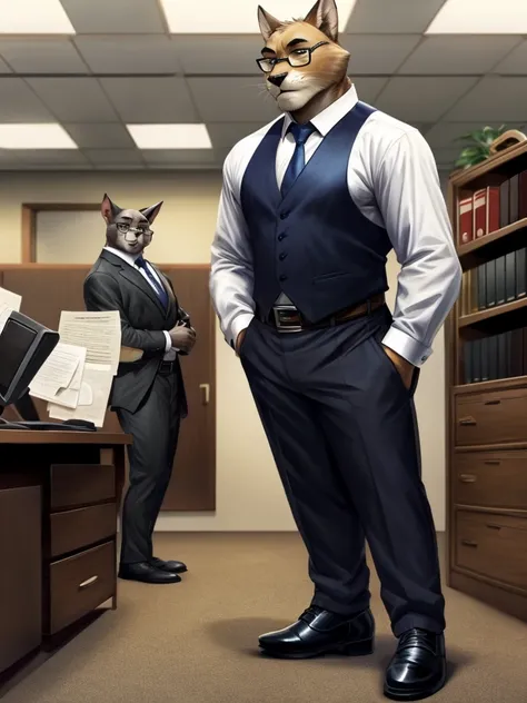 blacksad, smirnov, germen sheperd, furry, furry male, whole body, black suit, white shirt, collared shirt, blue tie, black formal pants, striped, belt, pants, thick thighs, formal shoes, big feet, big formal shoes, salaryman, glasses, office background. 