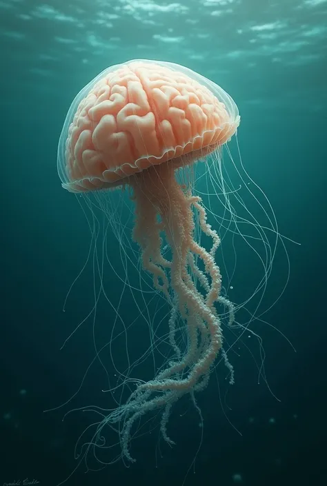 in a sea there is a jellyfish and brain with nerves entwined and swimming together