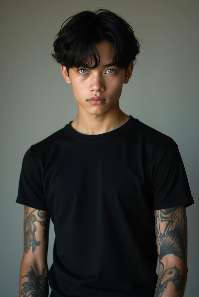 Light skinned boy, black hair, blue eyes, intimidating,sensual, elegant, strong, with tattoos on the arm, with a black t-shirt and a serious face