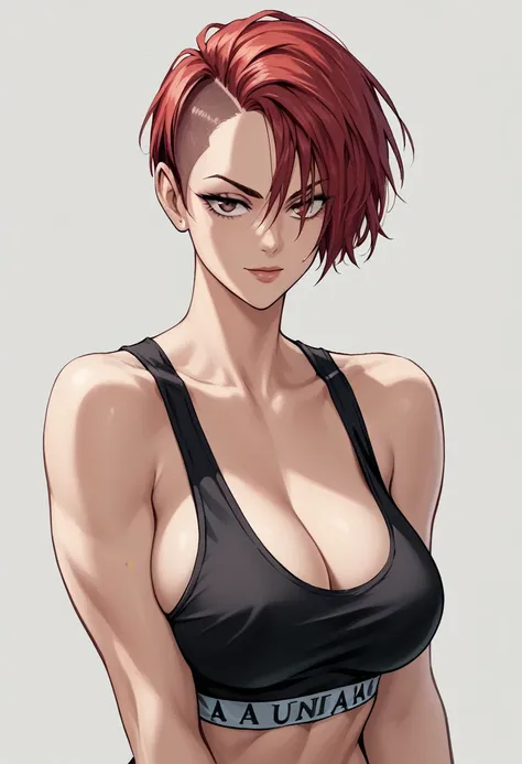 girl, alone, seductive look, sidecut hairstyle, short hair, royal red hair, black sportswear, big breasts