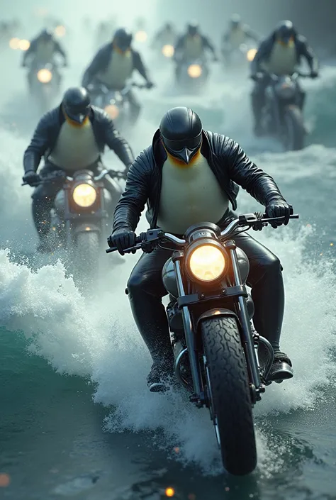 (photo realistic) fifty penguins with motorbikes fighting 50 sharks with mechanical legs 