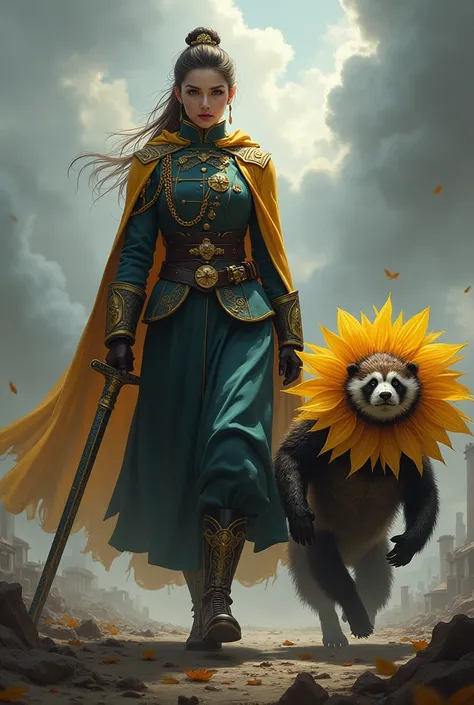 There is a female general, a panda fighting, wearing a full cockroach costume, and a sword modeled after a sunflower. 