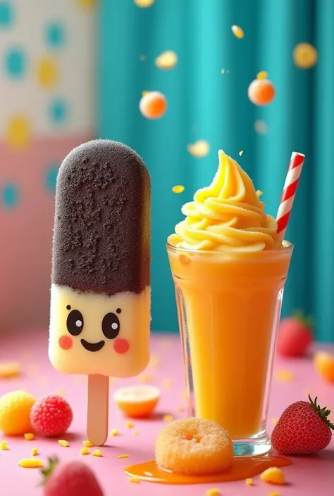 Can you make me a menu with the name Freezy Pop in which there are two products for sale: a cold oreo cookie popsicle that is animated and a mango frozen that is in a glass full of chamoy and Tajín, this with gummies prepared with chamoy and lemon for the ...