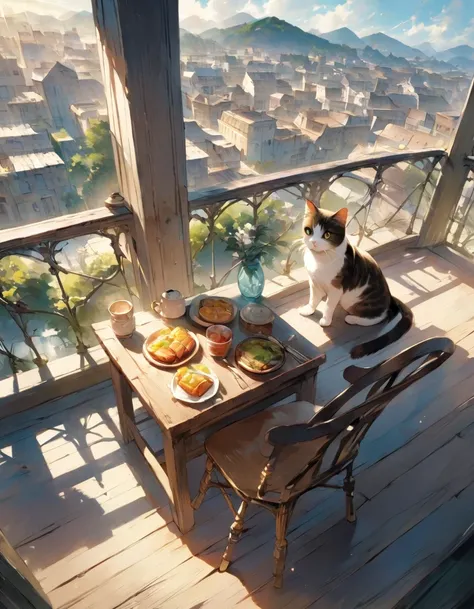 ((Best Quality))、((masterpiece))、(detailed)、8k、A woman and a cat having lunch on the balcony
「At the balcony table、A woman is enjoying a snack。There is a cat tower next to the table.、A cat is sunbathing on it。The sky is blue、The surrounding buildings and d...