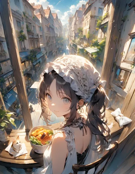 ((Best Quality))、((masterpiece))、(detailed)、8k、A woman and a cat having lunch on the balcony
「At the balcony table、A woman is enjoying a snack。There is a cat tower next to the table.、A cat is sunbathing on it。The sky is blue、The surrounding buildings and d...