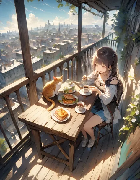 ((Best Quality))、((masterpiece))、(detailed)、8k、A woman and a cat having lunch on the balcony
「At the balcony table、A woman is enjoying a snack。There is a cat tower next to the table.、A cat is sunbathing on it。The sky is blue、The surrounding buildings and d...