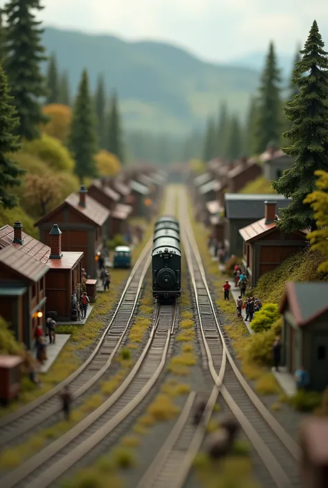 a miniature diorama of a railroad, a train, view from above, highly detailed, cinematic lighting, photorealistic, 8k, (best quality, 4k, 8k, highres, masterpiece:1.2), ultra-detailed, (realistic, photorealistic, photo-realistic:1.37), miniature scale model...