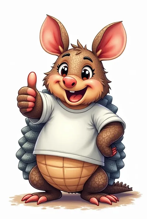 Create an image of a three-banded armadillo (armadillo) with a friendly smile, 
The three-banded armadillo has a rounded body covered by a series of hard, overlapping plates., that curl up when the animal feels threatened. These plates are often described ...