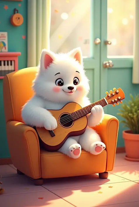 
Cute dog Samoyedo sitting on a chair playing guitar, for children