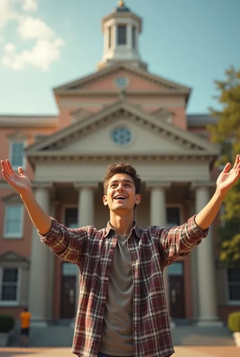 20 years old boy wearing checked shirt and he raised his two hands full widely like healing/taking praise in front of his dream college so generate photo according to this with backside straight full view 