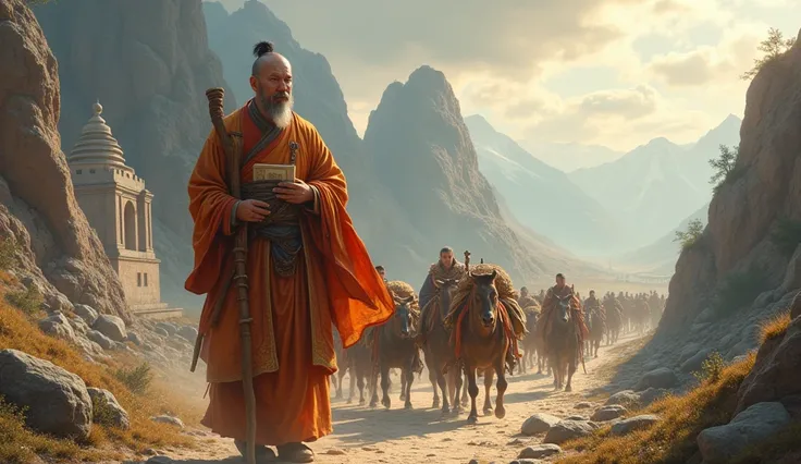 Create an image of Xuanzang, the famous Chinese Buddhist monk, during his pilgrimage to India. He is depicted wearing traditional monk robes, with a staff in one hand and sacred scriptures in the other, as he walks through a rugged, mountainous landscape. ...