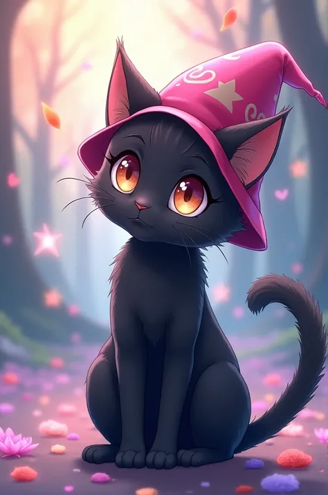 Create an anime version of a black cat using a pixie hat