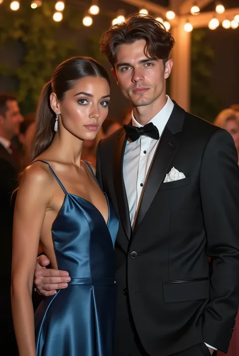 Realistic upper body portrait of a young brunette German flower girl aged 20 with ponytail and a young man, Necklace, smile. She stand in front of the camera in a shiny metallic blue satin A-line dress with straps and the man in a suit..., Wedding celebrat...