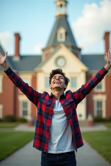 20 years old boy wearing checked shirt and he raised his two hands full widely like healing/taking praise in front of his dream college so generate photo according to this with backside straight full view (backside and college full building view)