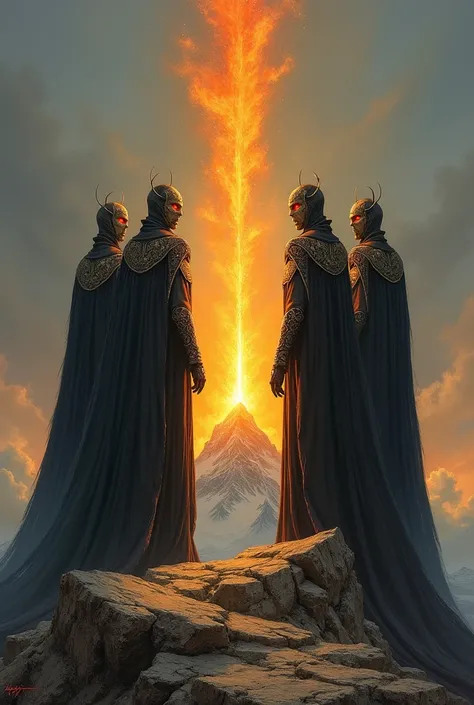 Three shadowy, mystical beings guarding a large, glowing fire on a mountain peak. They have an imposing presence, with fierce expressions and elaborate attire.
oil painting