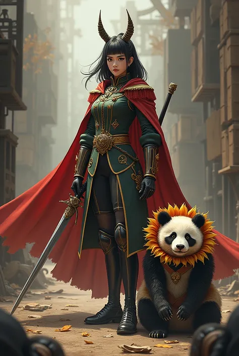 There is a female general, a panda wearing a full cockroach costume, and a sword shaped like a sunflower. 