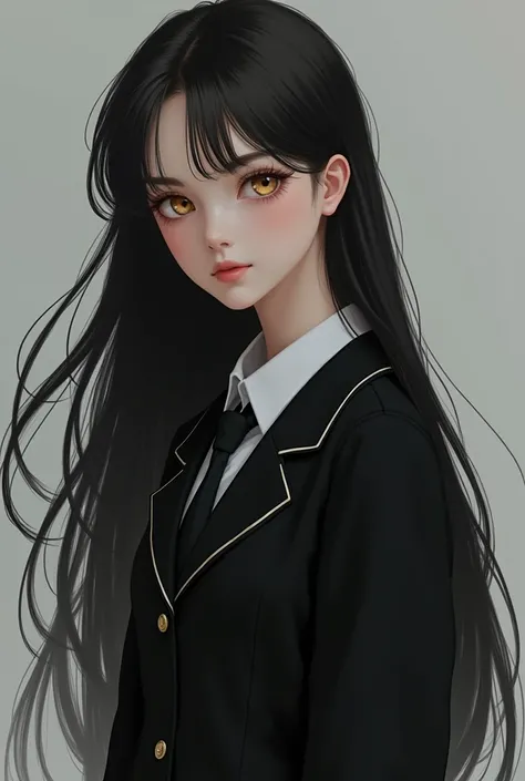 A long-haired, golden-eyed woman, approximately 1, wearing a long-sleeved black school uniform. She has a peaceful personality.