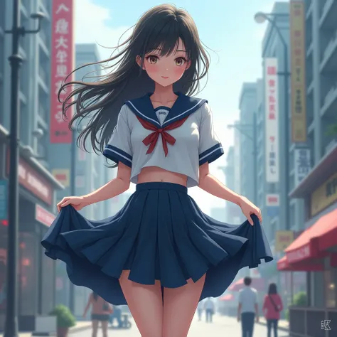 8k, Flip up the skirt, White underwear, Best Quality, masterpiece, Very detailed, Ultra-high resolution, girl, Uniform, Navy Pleated Skirt, Strong winds, In the city, While holding down the skirt that was blown up by the wind,