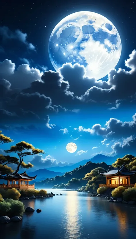 in the night sky of mid-autumn festival，a magnificent full moon hangs high in the sky，illuminating a serene landscape，soft cloud...