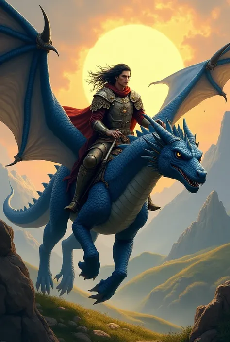 Man with black hair and medieval clothes riding a Dragon blue com chires Dourados 