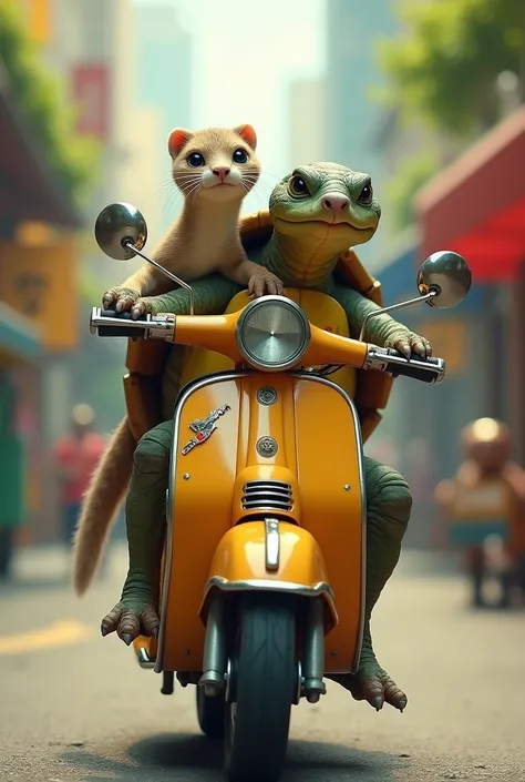 Weasel and a turtle riding a scooter together with the turtle on the steering wheels