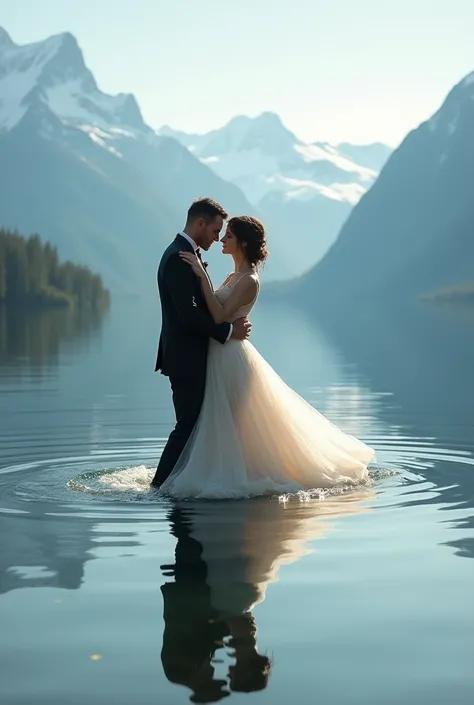 A couple dancing half sink inside the lake, we see mountains in the background 