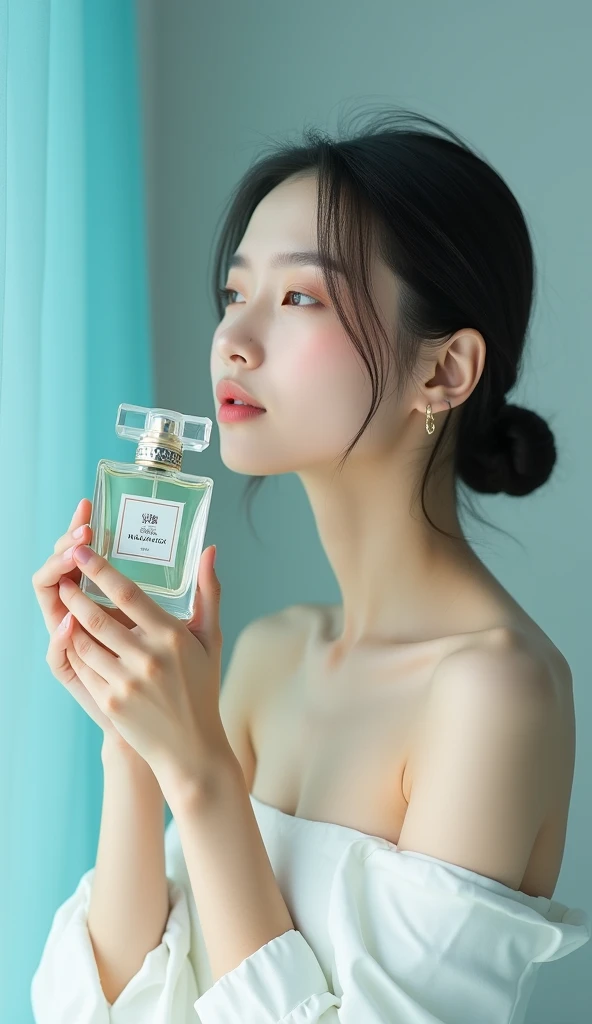 One Chinese holds a perfume bottle in one hand，Place it next to your face，Take a photo of the razor brand，ad campaign，H3H3，Taoist，shot of，beauty retouch，Cool and bright tones，Dua Lipa，Official Product Pictures，inspired by Luo Ping，Clean face and body skin