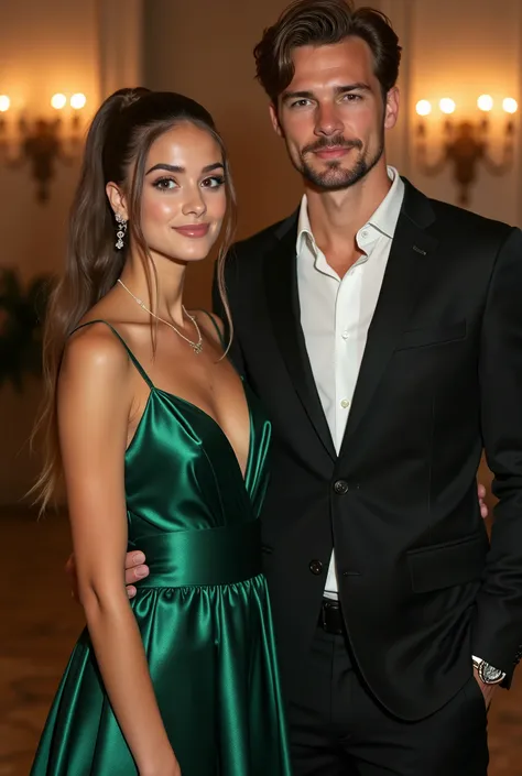 Realistic full body portrait of a young brunette German flower girl aged 20 with ponytail and a young man, Necklace, smile. She stand in front of the camera in a shiny metallic green satin A-line dress with straps and the man in a suit..., Wedding celebrat...