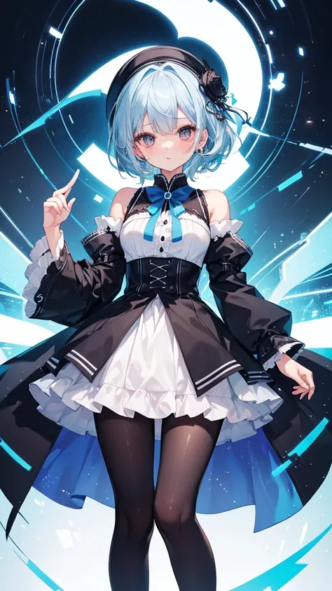 (Best Quality,Very detailed,Girl,Height: 120cm,Black tights,White Eyes)Blue Hair,Short Hair,cute,I&#39;m wearing a black skirt,blue eyes,Her eyes are white and shining,Her highlights are bright,I&#39;m watching this from a close distance,