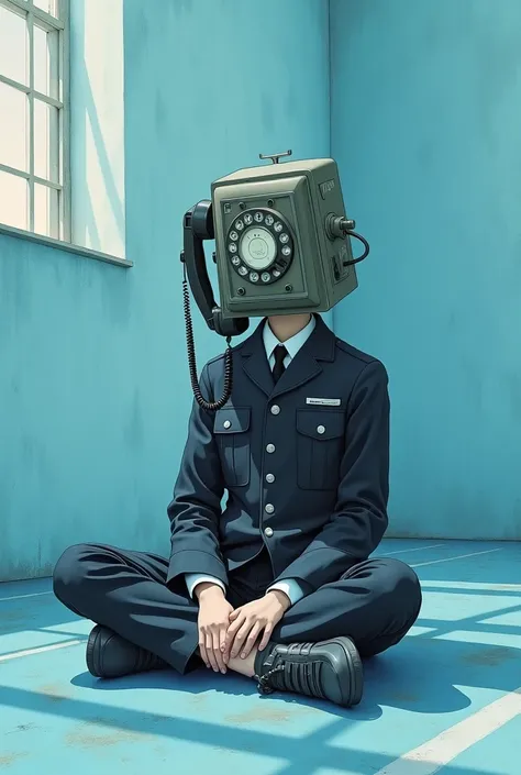 A boy with an old telephone head, wearing a black uniform and worn lead, while sitting on the floor, in a pale blue room, the bright lead-colored floor, anime style watercolor