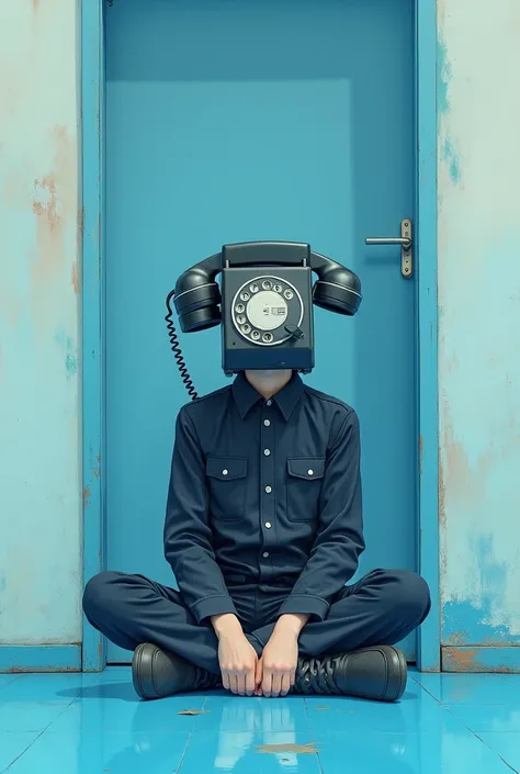 A boy with an old telephone head, wearing a black uniform and worn lead, while sitting on the floor, in a pale blue room, the bright lead-colored floor, anime style watercolor