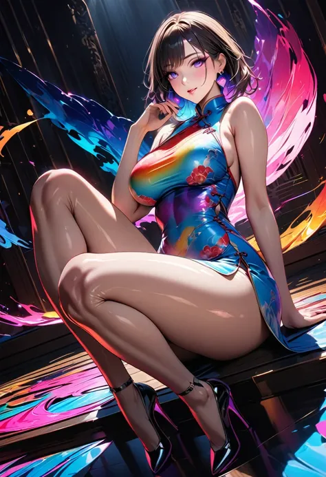 Young beautiful woman,(Highest quality,Extremely detailed depiction,Incredibly absurd high resolution,Anatomically accurate depiction,Glossのある肌,Porcelain-like skin,Curvy Legs),(Colorful gradient patterned Chinese dress:1.5,Gloss),pantyhose,Luxurious rainbo...