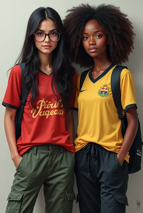 She has long, straight black hair and wears round glasses., her face is a little round, thinning the chin a little.. She has a slightly thick eyebrow and please I would like her to be wearing a loose São Paulo team shirt and cargo pants. I am a woman., I a...