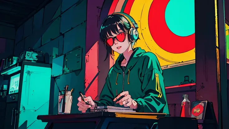 Beautiful Korean Women, One Woman, Black Hair, headphone, in the cafe, midnight tokyo, neon, window, Wearing sunglasses.Room turntable, In the style of neon realism, Charming character, action, Gadget Punk, solapunk, Colorful cityscape, Crimson and amber, ...