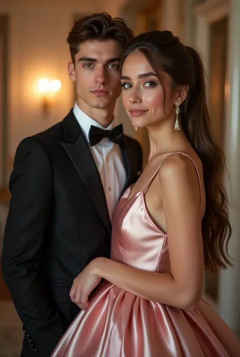 Realistic full body portrait of a young brunette German flower girl aged 20 with ponytail and a young man, Necklace, smile. She stand in front of the camera in a shiny metallic pink satin A-line dress with straps and the man in a suit..., Wedding celebrati...