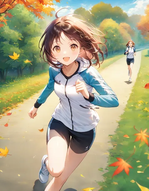 a woman and a cat jogging in the park amid falling leaves、a woman is jogging、a cat is running alongside him happily.。the woman i...