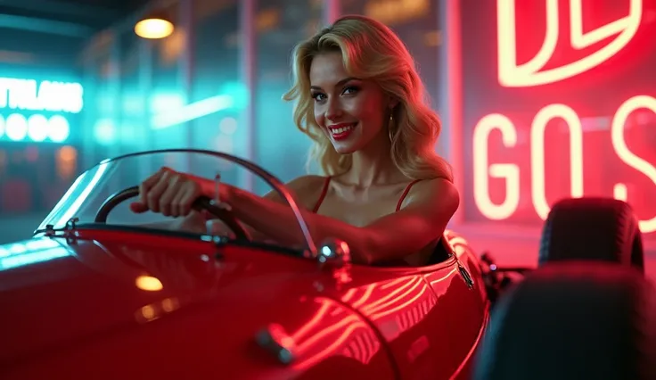 Smile beautiful sexy blonde driving a 1950 formula 1 red car, neon
