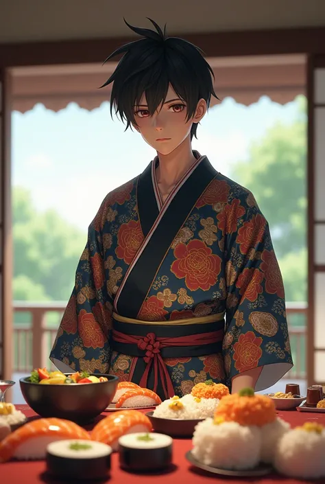 Ryohei Arisu from Alice in Borderland wearing a kimono  in front of a table with Japanese food including sushi and onigiris.