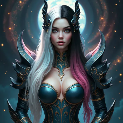 A beautiful woman with rainbow colored hair, detailed teal dress armor, standing in front of cosmic nebula background filled with stars and galaxies, intricate details, perfect face, beautiful detailed eyes, beautiful detailed lips, extremely detailed eyes...