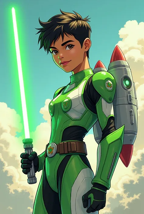 Young Mexican, moreno, 15 years, happy, wearing futuristic armor, green and white, rocket on the back, lightsaber in hands, looking ahead, anime