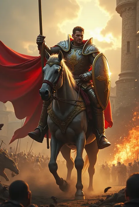 "Create a realistic image of Saint George the Warrior. He should be portrayed as a robust and brave medieval knight, mounted on a majestic horse. Saint George is dressed in shining, detailed armor, with gold and silver elements, reflecting the light. In yo...