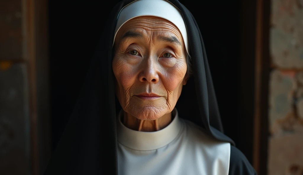 Portrait of an elderly Asian woman with gentle and serene features, representing Sister Agnes Katsuko Sasagawa. She wears a traditional nun&#39;s habit in shades of black and white., simple and modest. Your face expresses calm and wisdom, with subtle aging...