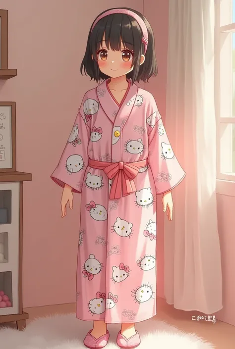 (real picture) a 20 years old teenager girl wearing pajamas kimono hello Kitty character print look full body 