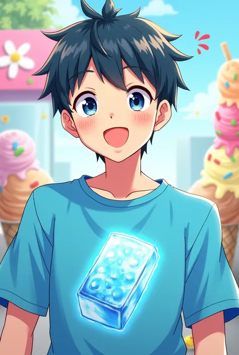 A man with ice cream theme youtube anime with blue shirt with an ice cube