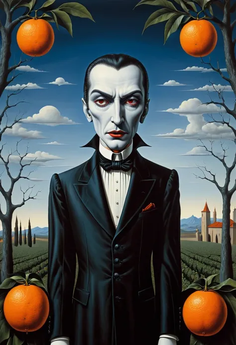 dracula with oranges - surrealist style, surrealist artwrok, dream like, Salvador Dali style, Rene Magritte style, highly detailed, masterpiece, painting-like, HD