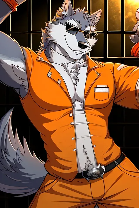 detailed, detailed eyes, detailed face, detailed hands, adult male, solo, freddy wolf, prison, prisoner, prison orange uniform, flirting at viewer, looking at viewer, smirk, flirtatious, seductive, three-quarter portrait, sexy pose, sunglasses