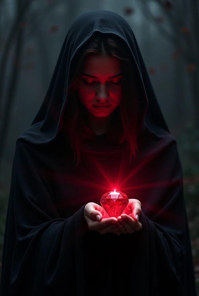 black shadow woman holding a small ruby glowing red
