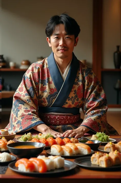 Kento Yamazaki wearing a kimono  in front of a table with Japanese food with sushi and onigiris.